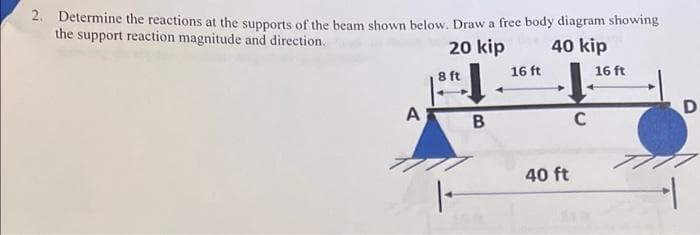 2. Determine the reactions at the supports of the beam shown below. Draw a free body diagram showing
the support reaction magnitude and direction.
20 kip
40 kip
8 ft
16 ft
16 ft
A
C
40 ft
