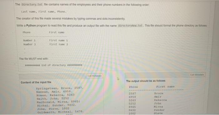 The Directory.txt file contains names of the employees and their phone numbers in the following order:
Last nane, First name, Phone.
The creator of this fie made severai mistakes by typing commas and dots inconsistently.
Write a Python program to read this file and produce an output file with the name Oirectorytiow. txt This fle should format the phone directory as foloNs:
Phone
First name
Number 1
First name 1
Mumber 2
First nane 2
The fie MUST end with:
s une End of directory nen
Cot Metadaa
Edt Metadata
The output should be as follows
Content of the input file
rirst name
springsteen, Bruce, 2507.
Hansan, Aanir, 6958.
Homen, Rebecca, 5263
mith, John, 5252
MacDonald, Mirna, 89651
Pichai, undar, 9632.
Jobs, teve, 1002
Goldenith, Micheal, 5470.
Phone
2507
6958
5263
Bruce
Air
Rebecca
5252
John
8965
9632
1002
tundar
steve
