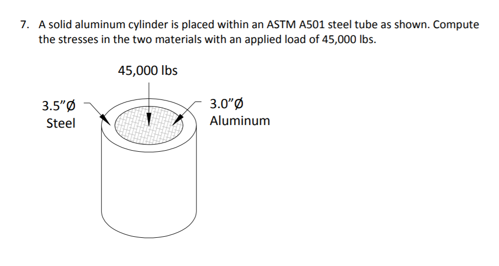 7. A solid aluminum cylinder is placed within an ASTM A501 steel tube as shown. Compute
the stresses in the two materials with an applied load of 45,000 lbs.
45,000 lbs
3.5"Ø
3.0"Ø
Steel
Aluminum
