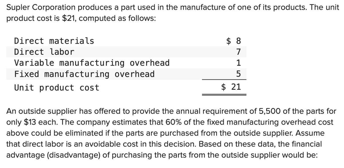 Supler Corporation produces a part used in the manufacture of one of its products. The unit
product cost is $21, computed as follows:
Direct materials
$ 8
Direct labor
7
Variable manufacturing overhead
Fixed manufacturing overhead
1
Unit product cost
$ 21
An outside supplier has offered to provide the annual requirement of 5,500 of the parts for
only $13 each. The company estimates that 60% of the fixed manufacturing overhead cost
above could be eliminated if the parts are purchased from the outside supplier. Assume
that direct labor is an avoidable cost in this decision. Based on these data, the financial
advantage (disadvantage) of purchasing the parts from the outside supplier would be:
