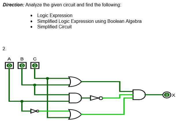 Direction: Analyze the given circuit and find the following:
• Logic Expression
• Simplified Logic Expression using Boolean Algebra
Simplified Circuit
2.
A B
0
O
0
OX