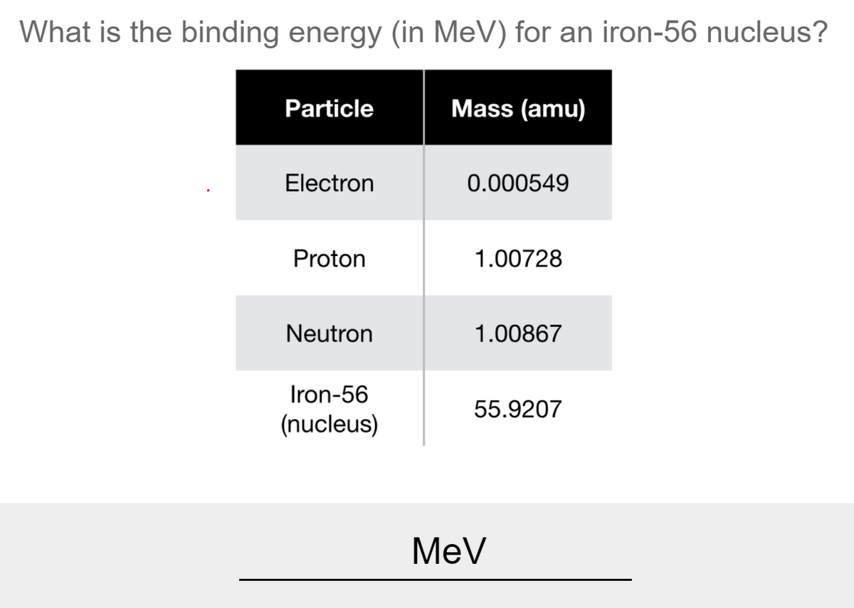 What is the binding energy (in MeV) for an iron-56 nucleus?
Particle
Mass (amu)
Electron
0.000549
Proton
1.00728
Neutron
1.00867
Iron-56
55.9207
(nucleus)
MeV
