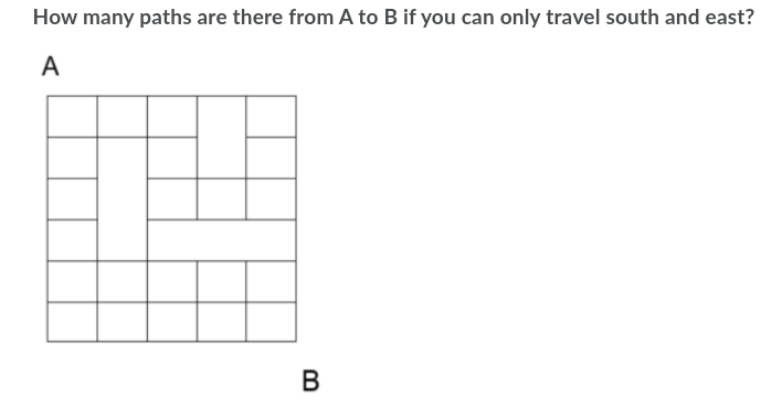 How many paths are there from A to B if you can only travel south and east?
A
B
