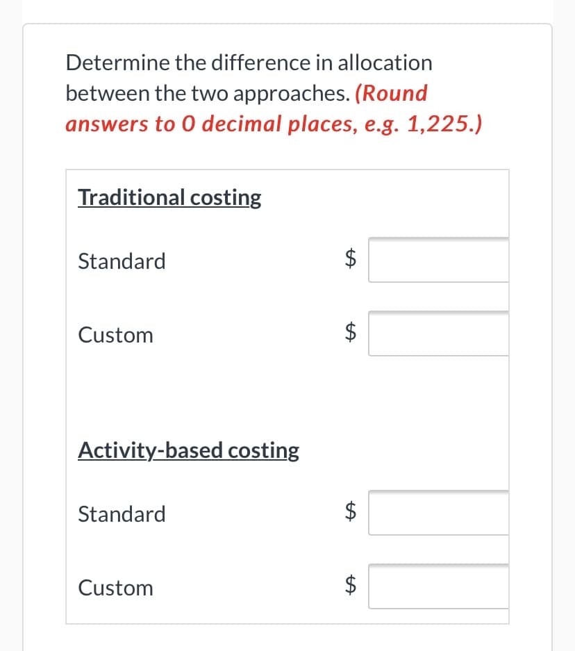 Determine the difference in allocation
between the two approaches. (Round
answers to 0 decimal places, e.g. 1,225.)
Traditional costing
Standard
Custom
Activity-based costing
Standard
Custom
%24
%24
%24
%24
