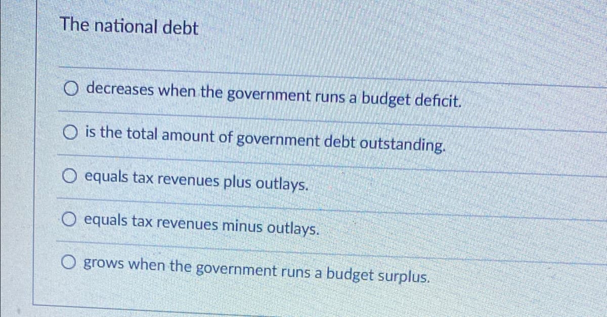 The national debt
O decreases when the government runs a budget deficit.
O is the total amount of government debt outstanding.
O equals tax revenues plus outlays.
O equals tax revenues minus outlays.
O grows when the government runs a budget surplus.

