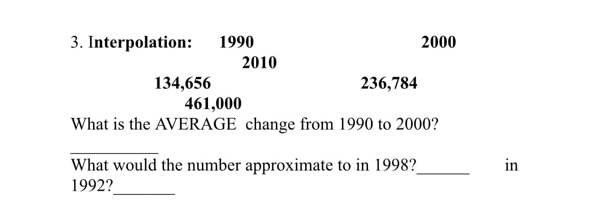 3. Interpolation:
1990
2000
2010
134,656
461,000
What is the AVERAGE change from 1990 to 2000?
236,784
What would the number approximate to in 1998?
in
1992?
