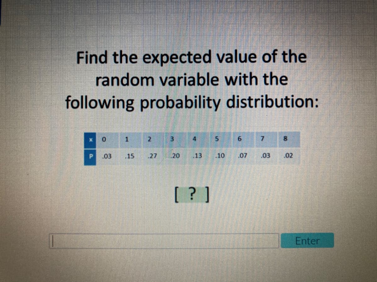 Find the expected value of the
random variable with the
following probability distribution:
2.
4
7.
8.
.03
.15
.27
20
.13
.10
.07
.03
.02
[ ? ]
Enter
