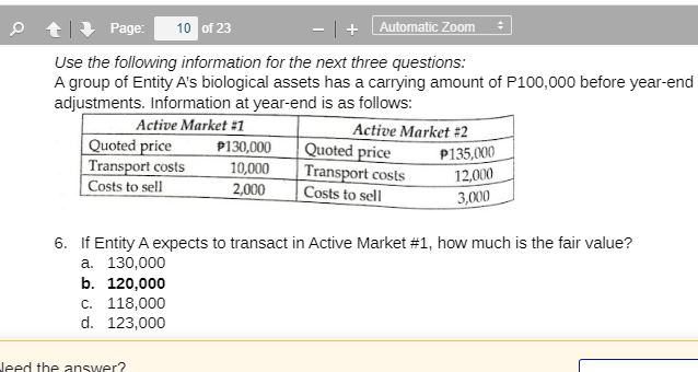 P t Page:
10 of 23
- |+ Automatic Zoom
Use the following information for the next three questions:
A group of Entity A's biological assets has a carrying amount of P100,000 before year-end
adjustments. Information at year-end is as follows:
Active Market #1
Quoted price
Transport costs
Costs to sell
Active Market #2
Quoted price
| Transport costs
Costs to sell
P130,000
10,000
2,000
P135,000
12,000
3,000
6. If Entity A expects to transact in Active Market #1, how much is the fair value?
a. 130,000
b. 120,000
c. 118,000
d. 123,000
Jeed the answer?
