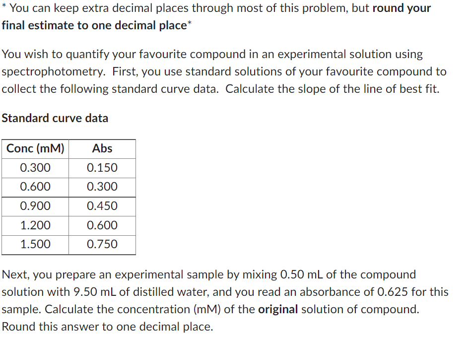 * You can keep extra decimal places through most of this problem, but round your
final estimate to one decimal place*
You wish to quantify your favourite compound in an experimental solution using
spectrophotometry. First, you use standard solutions of your favourite compound to
collect the following standard curve data. Calculate the slope of the line of best fit.
Standard curve data
Conc (mM)
0.300
0.600
0.900
1.200
1.500
Abs
0.150
0.300
0.450
0.600
0.750
Next, you prepare an experimental sample by mixing 0.50 mL of the compound
solution with 9.50 mL of distilled water, and you read an absorbance of 0.625 for this
sample. Calculate the concentration (mM) of the original solution of compound.
Round this answer to one decimal place.