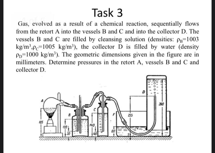Task 3
Gas, evolved as a result of a chemical reaction, sequentially flows
from the retort A into the vessels B and C and into the collector D. The
vessels B and C are filled by cleansing solution (densities: pg=1003
kg/m³,pc=1005 kg/m3), the collector D is filled by water (density
Pp=1000 kg/m³). The geometric dimensions given in the figure are in
millimeters. Determine pressures in the retort A, vessels B and C and
collector D.
390
255
185
140
