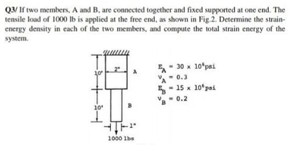 Q3/ If two members, A and B, are connected together and fixed supported at one end. The
tensile load of 1000 lb is applied at the free end, as shown in Fig.2. Determine the strain-
energy density in cach of the two members, and compute the total strain energy of the
system.
E- 30 x 10 psi
A- 0.3
E- 15 x 10ʻpai
Va - 0.2
1000 lbs
