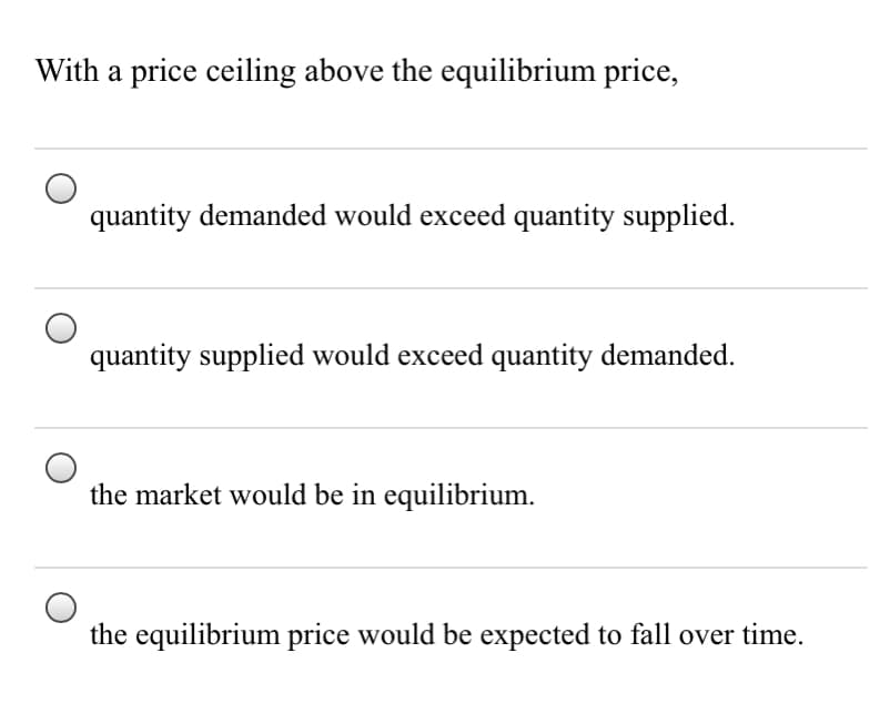 With a price ceiling above the equilibrium price,
quantity demanded would exceed quantity supplied.
quantity supplied would exceed quantity demanded.
the market would be in equilibrium.
the equilibrium price would be expected to fall over time.
