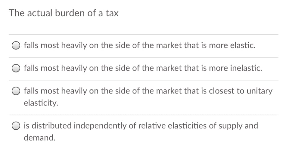 The actual burden of a tax
falls most heavily on the side of the market that is more elastic.
falls most heavily on the side of the market that is more inelastic.
falls most heavily on the side of the market that is closest to unitary
elasticity.
O is distributed independently of relative elasticities of supply and
demand.
