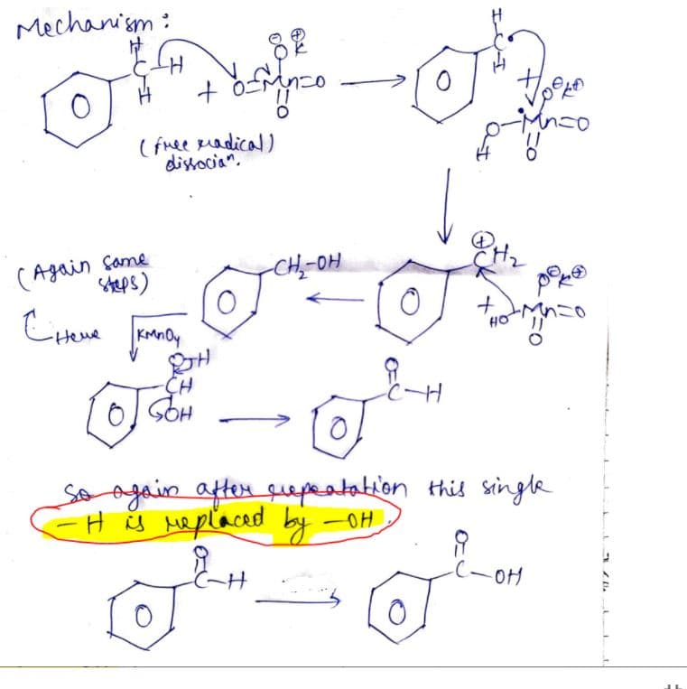 Mechanism :
( fuee adical)
distocian.
(Again same
steps)
CH-OH
Heue
HO
CH
0 SOH
soogain after quepetaon this single
-H š weplaced by -OH
(-OH
