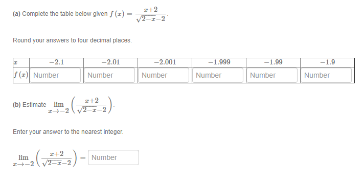 z+2
(a) Complete the table below given f (z) =
V2-z-2
Round your answers to four decimal places.
-2.1
-2.01
-2.001
-1.999
-1.99
-1.9
f (x) Number
Number
Number
Number
Number
Number
z+2
(b) Estimate
lim
Enter your answer to the nearest integer.
z+2
lim
Number
