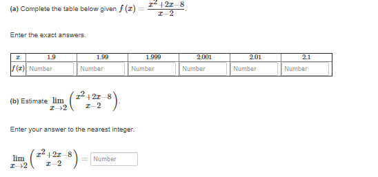 12 +21 8
(a) Complete the table below given f (z)
I-2
Enter the exact answers.
1.9
1.99
1.999
2.001
2.01
2.1
f (1) Number
Number
Number
Number
Number
Number
²+2x
(b) Estimate lim
I+2
(*)
I-2
Enter your answer to the nearest integer.
lim
I-+2
12 +21 8
I-2
= Number
