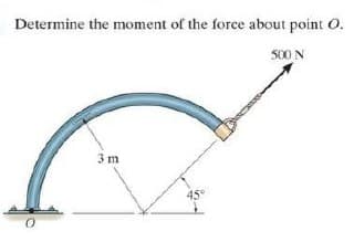 Determine the moment of the force about point O.
500 N
3 m
