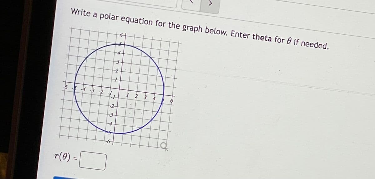 Write a polar equation for the graph below. Enter theta for 0 if needed.
9-
54 -3 -2 -
4
4
r(8) =
%3D
3.
