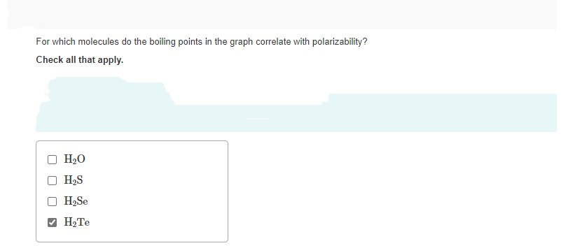 For which molecules do the boiling points in the graph correlate with polarizability?
Check all that apply.
H2O
H2S
H2Se
V H2Te
