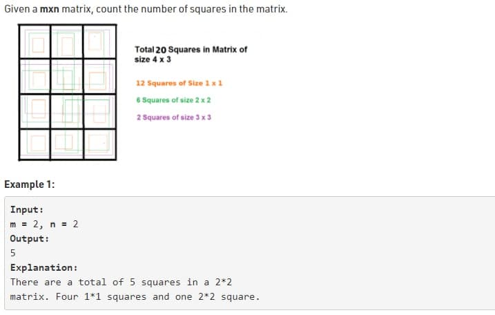 Given a mxn matrix, count the number of squares in the matrix.
Total 20 Squares in Matrix of
size 4 x 3
12 Squares of Size1x1
6 Squares of size 2 x 2
2 Squares of size 3 x 3
Example 1:
Input:
m = 2, n = 2
Output:
5
Explanation:
There are a total of 5 squares in a 2*2
matrix. Four 1*1 squares and one 2*2 square.
