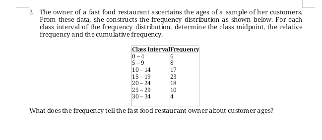 2. The owner of a fast food restaurant ascertains the ages of a sample of her customers.
From these data, she constructs the frequency distribution as shown below. For each
class interval of the frequency distribution, detemine the class midpoint, the relative
frequency and the cumulative frequency.
Class IntervalFrequency
0-4
5-9
10- 14
15 - 19
20- 24
6
8
17
23
18
25 - 29
30 - 34
4
What does the frequency tell the fast food restaurant owner about customerages?
