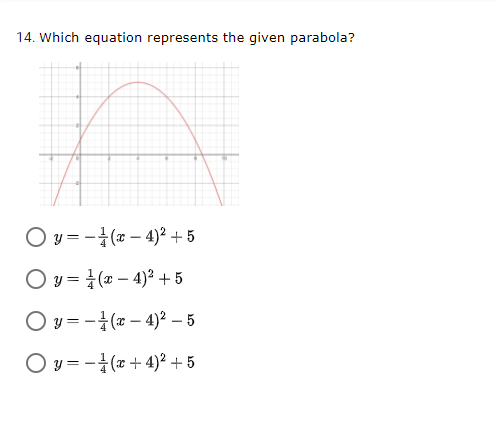 14. Which equation represents the given parabola?
O y = -4(* – 4)2 + 5
O y = (a – 4)² +5
O y =-4(# – 4)² – 5
O y = -4(x + 4)² + 5
