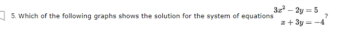 322 – 2y = 5
5. Which of the following graphs shows the solution for the system of equations
x + 3y = -4
