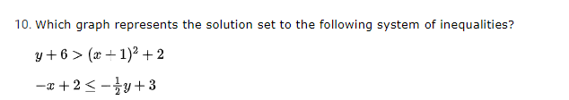 10. Which graph represents the solution set to the following system of inequalities?
y + 6 > (x + 1)² +2
-a +2< -y+3
