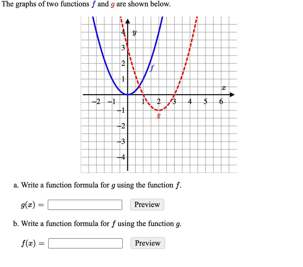 The graphs of two functions f and g are shown below.
3
2
-2-1
2
a. Write a function formula for g using the function f.
g(x):
Preview
b. Write a function formula for f using the function g.
f(x) =
Preview
