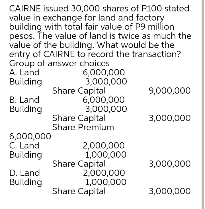 CAIRNE issued 30,000 shares of P100 stated
value in exchange for land and factory
building with total fair value of P9 million
pesos. The value of land is twice as much the
value of the building. What would be the
entry of CAIRNE to record the transaction?
Group of answer choices
A. Land
Building
6,000,000
3,000,000
Share Capital
6,000,000
3,000,000
Share Capital
Share Premium
9,000,000
B. Land
Building
3,000,000
6,000,000
C. Land
Building
2,000,000
1,000,000
Share Capital
2,000,000
1,000,000
Share Capital
3,000,000
D. Land
Building
3,000,000
