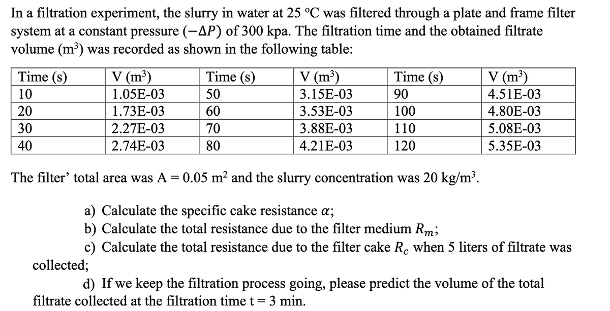 In a filtration experiment, the slurry in water at 25 °C was filtered through a plate and frame filter
system at a constant pressure (-AP) of 300 kpa. The filtration time and the obtained filtrate
volume (m³) was recorded as shown in the following table:
Time (s)
V (m³)
Time (s)
V (m³)
Time (s)
V (m³)
10
1.05E-03
50
3.15E-03
90
4.51E-03
20
1.73E-03
60
3.53E-03
100
4.80E-03
30
2.27E-03
70
3.88E-03
110
5.08E-03
40
2.74E-03
80
4.21E-03
120
5.35E-03
The filter' total area was A = 0.05 m² and the slurry concentration was 20 kg/m³.
a) Calculate the specific cake resistance a;
b) Calculate the total resistance due to the filter medium Rm;
c) Calculate the total resistance due to the filter cake R. when 5 liters of filtrate was
collected;
d) If we keep the filtration process going, please predict the volume of the total
filtrate collected at the filtration time t= 3 min.
