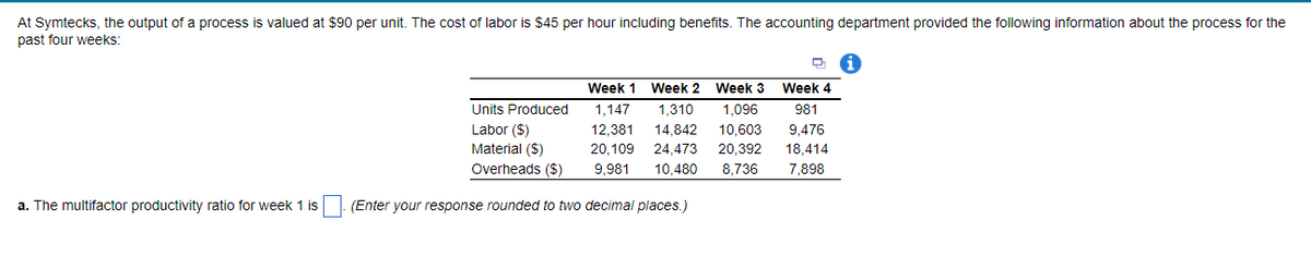 At Symtecks, the output of a process is valued at $90 per unit. The cost of labor is $45 per hour including benefits. The accounting department provided the following information about the process for the
past four weeks:
a. The multifactor productivity ratio for week 1 is
D
Week 1 Week 2 Week 3 Week 4
1,147 1,310 1,096 981
12,381
14,842 10,603 9,476
20,109 24,473 20,392 18,414
9,981 10.480 8,736 7,898
Units Produced
Labor ($)
Material ($)
Overheads ($)
(Enter your response rounded to two decimal places.)