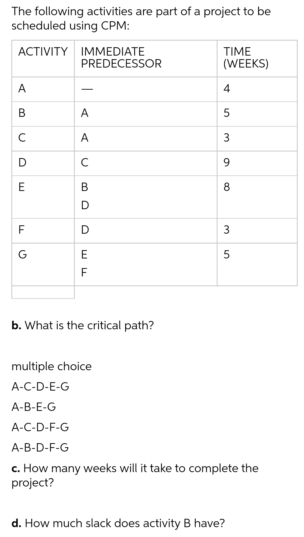 The following activities are part of a project to be
scheduled using CPM:
ACTIVITY IMMEDIATE
A
B
C
D
E
TI
G
PREDECESSOR
A
A
с
B
D
D
EE
b. What is the critical path?
TIME
(WEEKS)
4
5
3
9
8
3
5
multiple choice
A-C-D-E-G
A-B-E-G
A-C-D-F-G
A-B-D-F-G
c. How many weeks will it take to complete the
project?
d. How much slack does activity B have?
