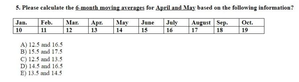 5. Please calculate the 6-month moving averages for April and May based on the following information?
Jan.
10
Feb. Mar. Apr.
11
12
13
June July
15
16
August Sep.
17
18
Oct.
19
A) 12.5 and 16.5
B) 15.5 and 17.5
C) 12.5 and 13.5
D) 14.5 and 16.5
E) 13.5 and 14.5
May
14