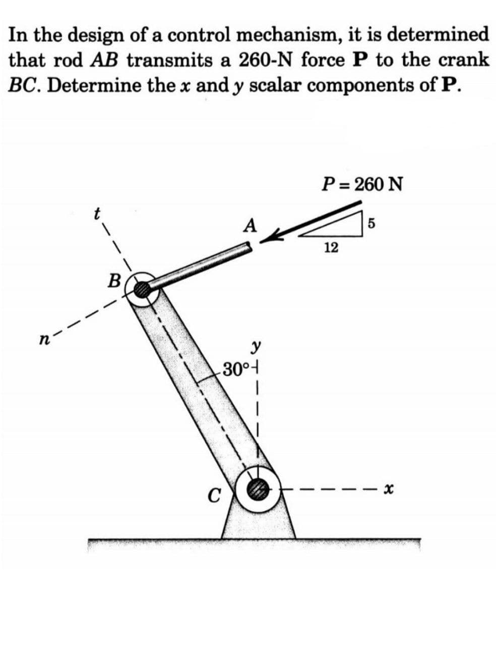 In the design of a control mechanism, it is determined
that rod AB transmits a 260-N force P to the crank
BC. Determine the x and y scalar components of P.
P = 260 N
А
12
B
y
30°4
C
