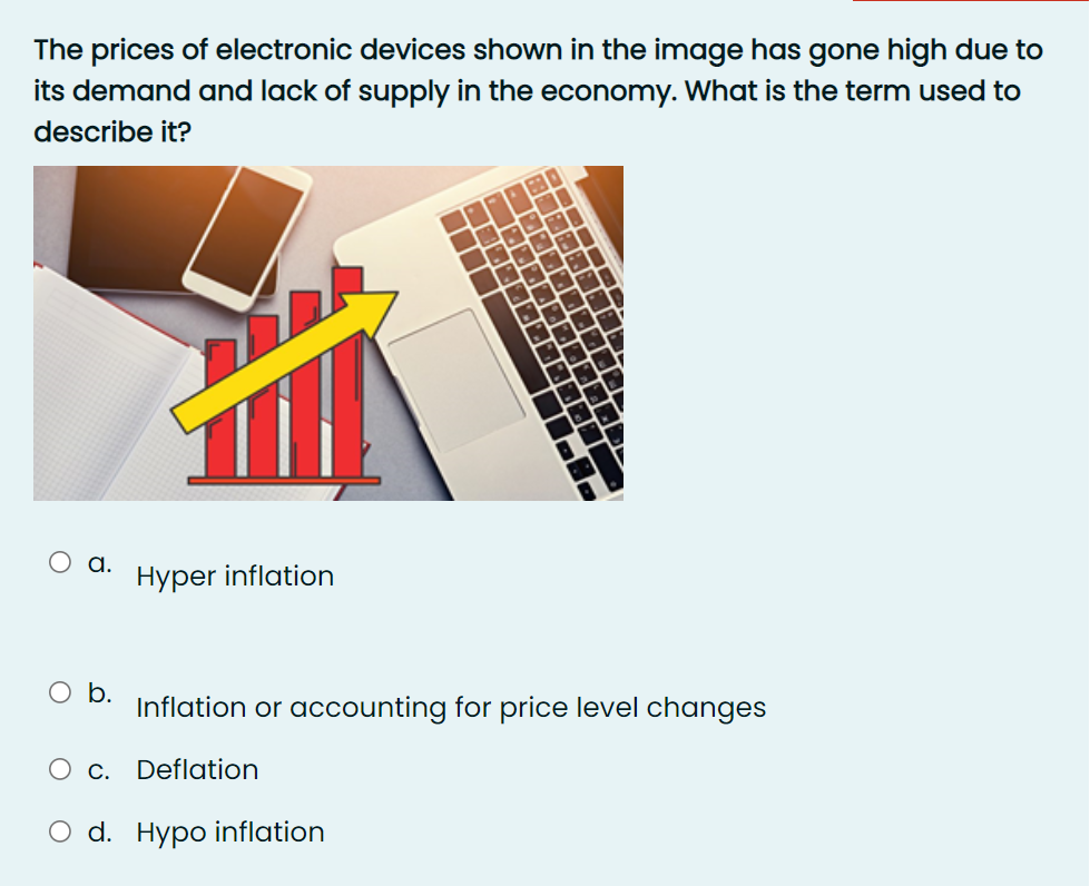 The prices of electronic devices shown in the image has gone high due to
its demand and lack of supply in the economy. What is the term used to
describe it?
O a.
Hyper inflation
b.
Inflation or accounting for price level changes
O c. Deflation
O d. Hypo inflation
