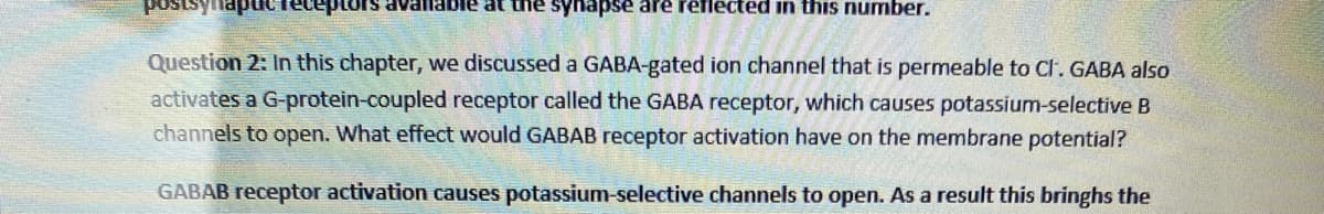 apucreceptors ava ble at the synapse are reflected in this number.
Question 2: In this chapter, we discussed a GABA-gated ion channel that is permeable to Cl. GABA also
activates a G-protein-coupled receptor called the GABA receptor, which causes potassium-selective B
channels to open. What effect would GABAB receptor activation have on the membrane potential?
GABAB receptor activation causes potassium-selective channels to open. As a result this bringhs the