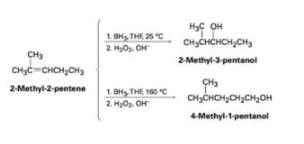 1 BH, THE 25 C
2. HyO. OH
HyC OH
CH3CHCHCH,CH,
CH3
2-Methyl-3-pentanol
CHC-CHCH,CH,
2-Methyl-2-pentene
1. BH, THE 160 °C
2. HyOp. OH
CHJCHCH;CH2CH2OH
4-Methyl-1-pentanel
