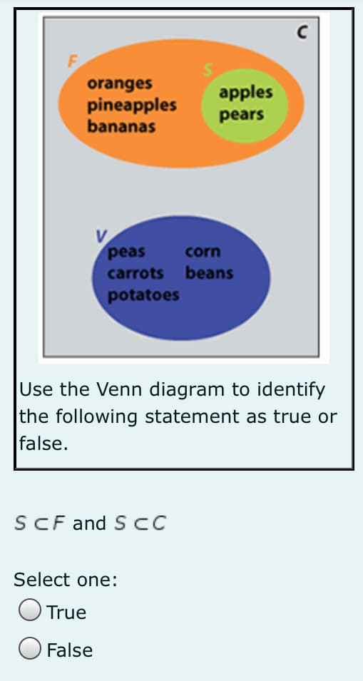 oranges
pineapples
bananas
apples
pears
peas
carrots beans
corn
potatoes
Use the Venn diagram to identify
the following statement as true or
false.
SCF and S C
Select one:
O True
O False
