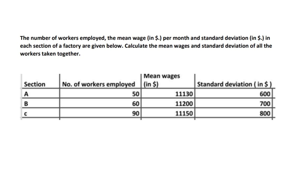 The number of workers employed, the mean wage (in $.) per month and standard deviation (in $.) in
each section of a factory are given below. Calculate the mean wages and standard deviation of all the
workers taken together.
Mean wages
Section
No. of workers employed
(in $)
Standard deviation ( in $ )
11130
11200
11150
A
50
600
В
60
700
90
800
