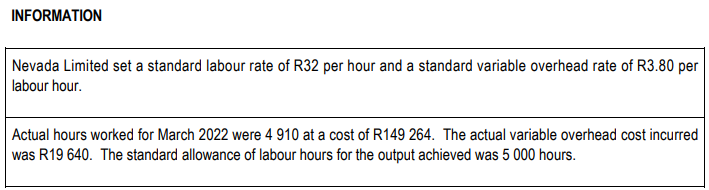 INFORMATION
Nevada Limited set a standard labour rate of R32 per hour and a standard variable overhead rate of R3.80 per
labour hour.
Actual hours worked for March 2022 were 4 910 at a cost of R149 264. The actual variable overhead cost incurred
was R19 640. The standard allowance of labour hours for the output achieved was 5 000 hours.