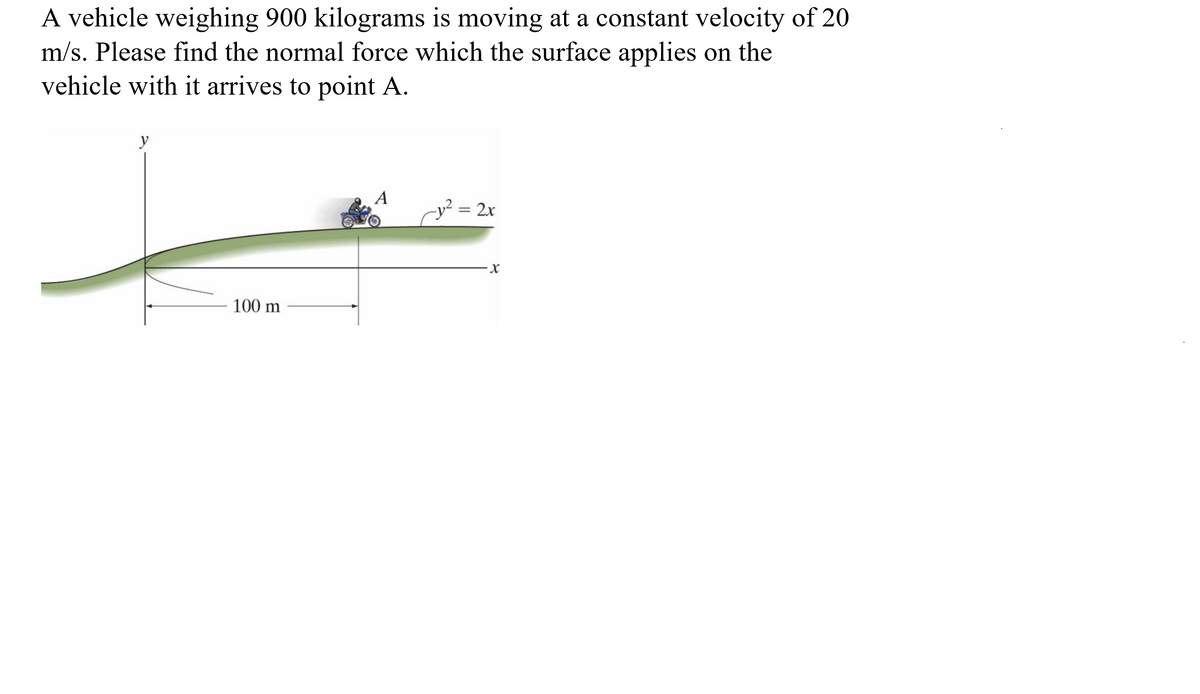 A vehicle weighing 900 kilograms is moving at a constant velocity of 20
m/s. Please find the normal force which the surface applies on the
vehicle with it arrives to point A.
y
А
-y² = 2x
100 m
