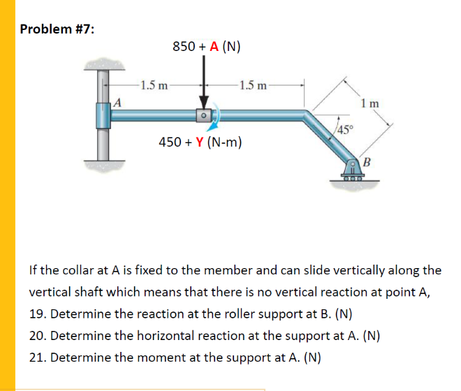 Problem #7:
850 + A (N)
-1.5 m-
-1.5 m
1 m
450 + Y (N-m)
B
If the collar at A is fixed to the member and can slide vertically along the
vertical shaft which means that there is no vertical reaction at point A,
19. Determine the reaction at the roller support at B. (N)
20. Determine the horizontal reaction at the support at A. (N)
21. Determine the moment at the support at A. (N)
