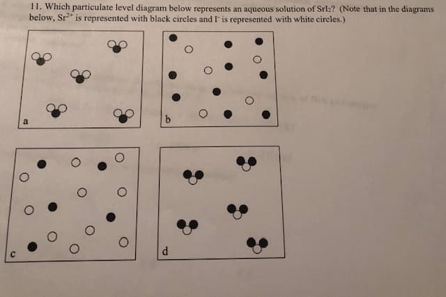 11. Which particulate level diagram below represents an aqueous solution of Srl2? (Note that in the diagrams
below, Sr2 is represented with black circles and I' is represented with white circles.)
b
a
