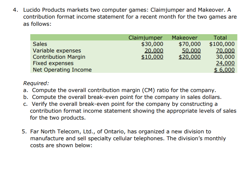 4. Lucido Products markets two computer games: Claimjumper and Makeover. A
contribution format income statement for a recent month for the two games are
as follows:
Claimjumper
$30,000
20,000
$10,000
Makeover
$70,000
50,000
$20,000
Total
Sales
Variable expenses
Contribution Margin
Fixed expenses
Net Operating Income
$100,000
70,000
30,000
24,000
$ 6,000
Required:
a. Compute the overall contribution margin (CM) ratio for the company.
b. Compute the overall break-even point for the company in sales dollars.
c. Verify the overall break-even point for the company by constructing a
contribution format income statement showing the appropriate levels of sales
for the two products.
5. Far North Telecom, Ltd., of Ontario, has organized a new division to
manufacture and sell specialty cellular telephones. The division's monthly
costs are shown below:
