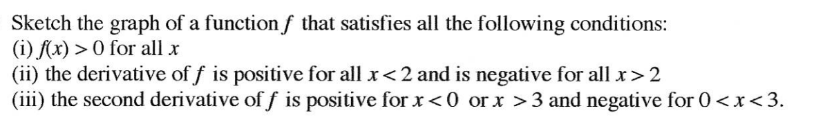 Sketch the graph of a function f that satisfies all the following conditions:
(i) (x) > 0 for all x
(ii) the derivative of f is positive for all x<2 and is negative for all x>2
(iii) the second derivative of f is positive for x <0 or x >3 and negative for 0<x<3.
