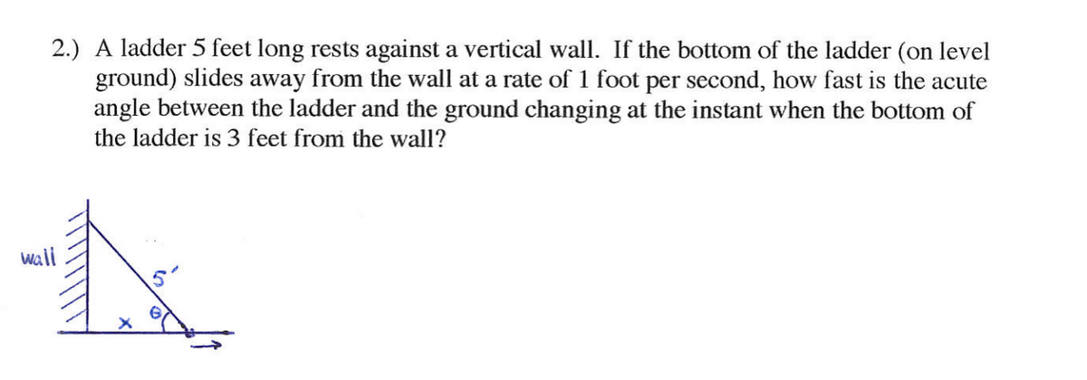 2.) A ladder 5 feet long rests against a vertical wall. If the bottom of the ladder (on level
ground) slides away from the wall at a rate of 1 foot per second, how fast is the acute
angle between the ladder and the ground changing at the instant when the bottom of
the ladder is 3 feet from the wall?
wall
5'
