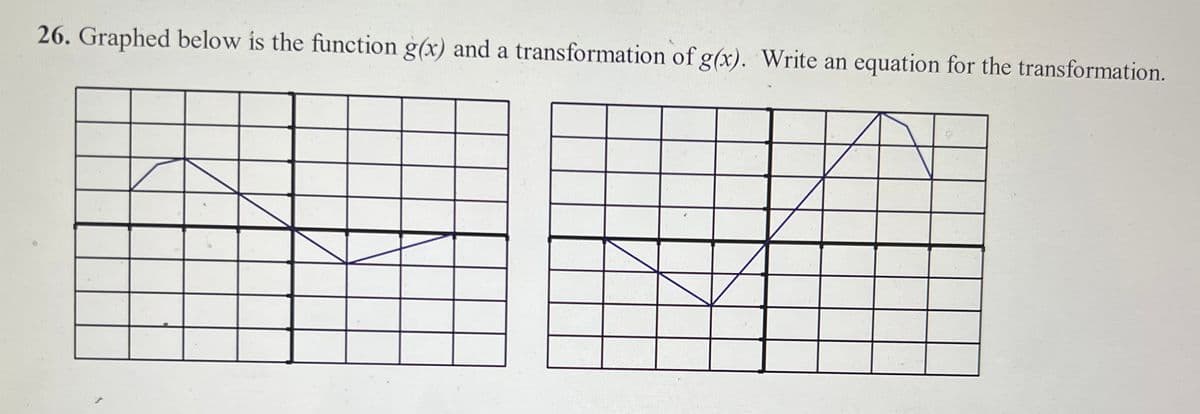 26. Graphed below is the function g(x) and a transformation of g(x). Write an equation for the transformation.