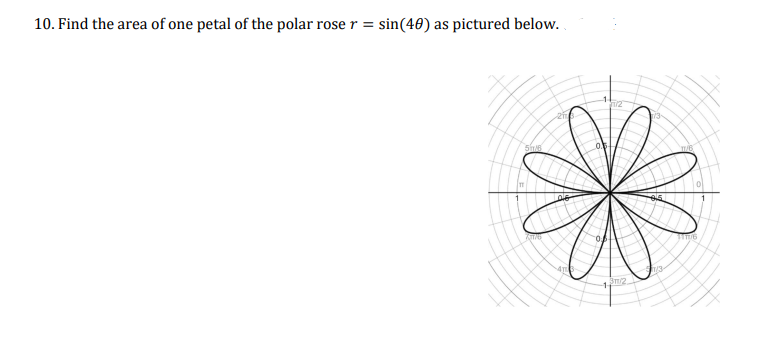 10. Find the area of one petal of the polar rose r = sin(40) as pictured below.
5A6
Kve
4TH
2
3m/2
1/3
11/6
