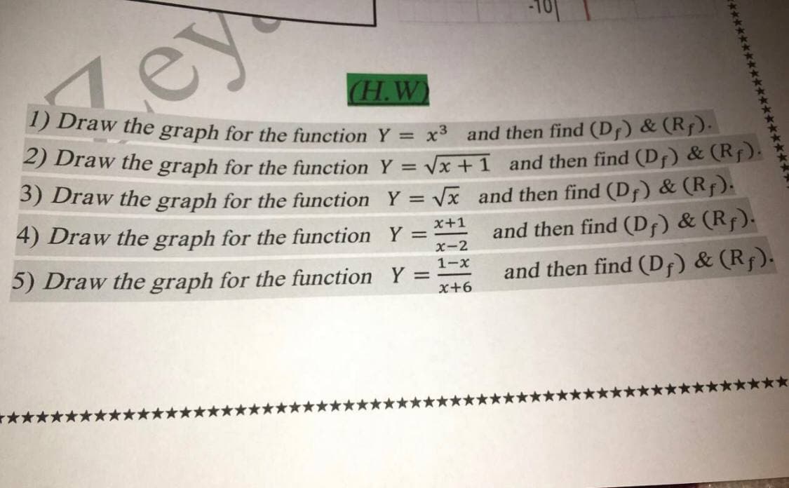 (H.W)
5 Draw the graph for the function Y = x³ and then find (Df) & (Rf).
) Draw the graph for the function Y = Vx +1 and then find (Df) & (Rf).
5) Draw the graph for the function Y = Vx and then find (D¡) & (Rf).
4) Draw the graph for the function Y
%3D
%3D
x+1
and then find (Df) & (Rf).
x-2
1-x
5) Draw the graph for the function Y
and then find (Df) & (Rf).
x+6
